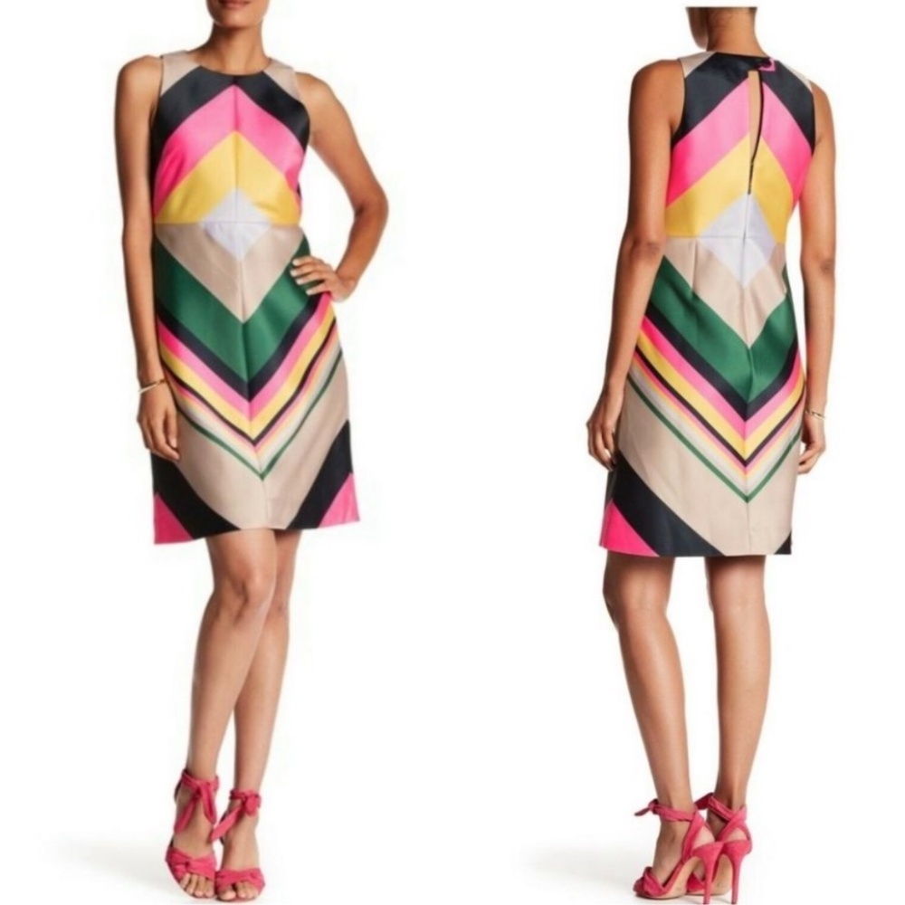 J Crew Petite Shift Dress Colorful Stripe Sleeveless Zip Back Pink Yellow Navy - Picture 2 of 15